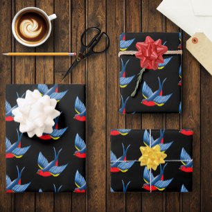Fett Blaue Traditionelle Schwalben-Tätowierung im  Geschenkpapier Set