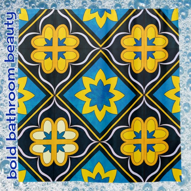 Fett Blumenblau Schwarz Golden Yellow Tile Muster Duschvorhang (Von Creator hochgeladen)