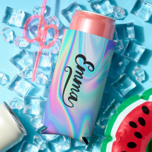 Fett Brush Script Name endet mit einem Aqua Irides Selters Dosenkühler