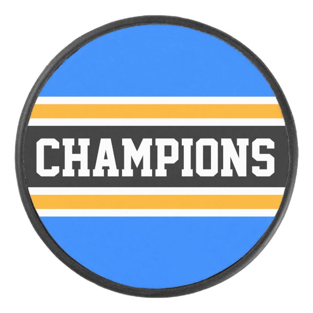 Fett-CHAMPIONEN Hellblau-gelbe schwarze Streifen Eishockey Puck (Vorderseite)