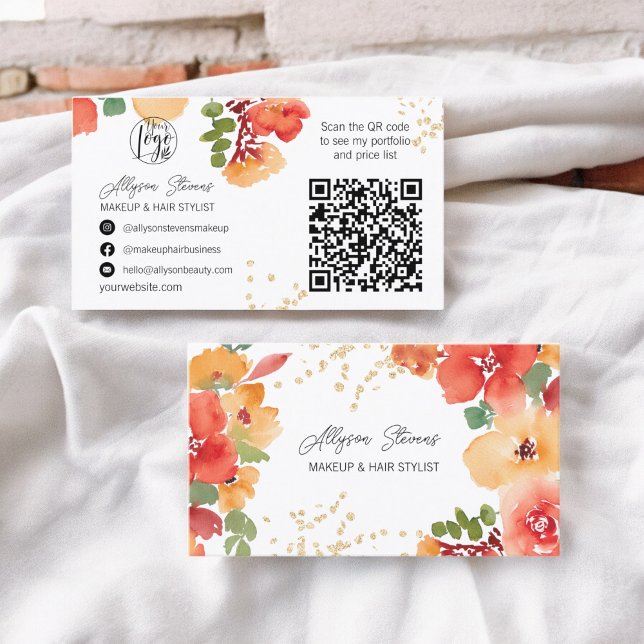 Fett Fall florale Goldschminke Haar Logo qr Code Visitenkarte (Bold fall floral gold makeup hair logo qr code business card on white)