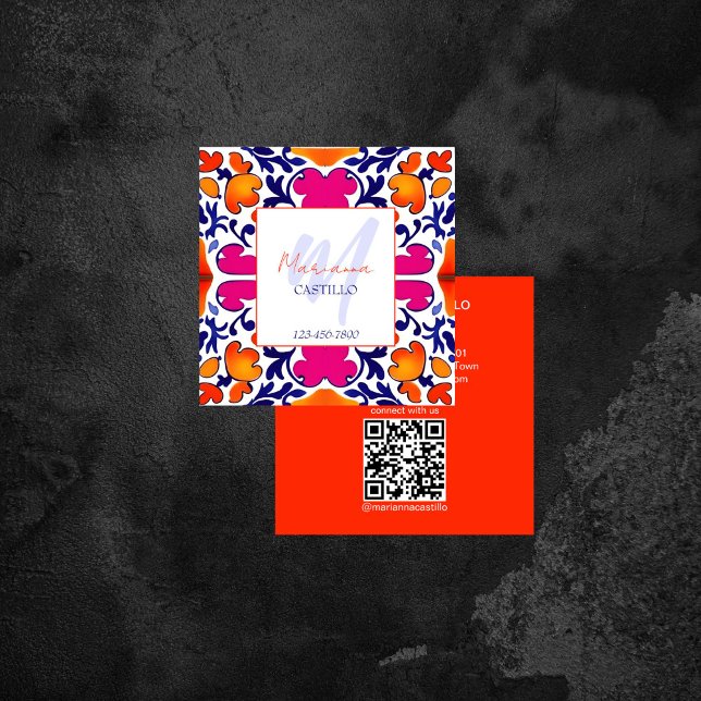 Fett farbenfrohe, einzigartige orange Vorlage qr Quadratische Visitenkarte (Bold bright colorful unique orange template qr square business card Mexican tiles pattern modern)