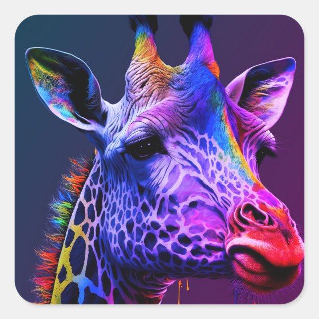 Fett farbenfrohe Regenbogen Giraffe Niedlich Zoo T Quadratischer Aufkleber (Vorderseite)