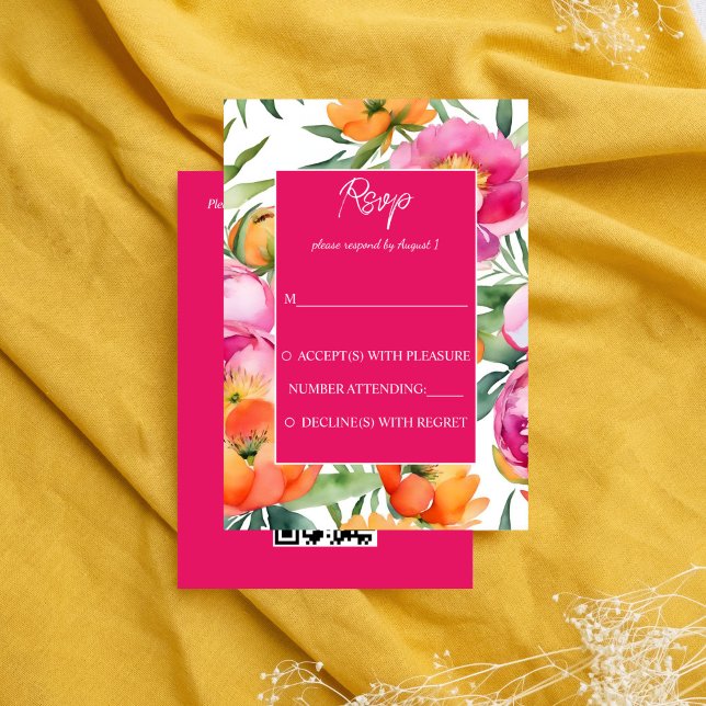 Fett farbige rosa orangefarbene Torfbäume elegant  Begleitkarte (Bold colors pink orange peonies elegant RSVP Enclosure Card wedding response card modern qr rsvp)