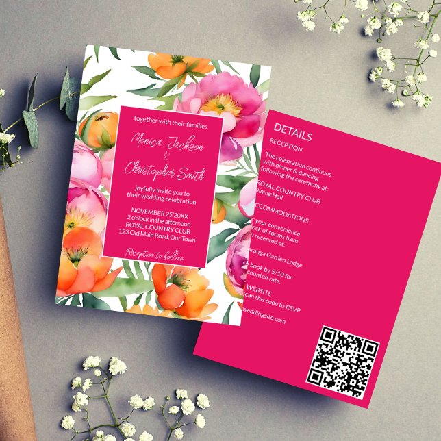 Fett farbige rosa-orangefarbene Torfbäume in einer Einladung (Bold colors pink orange peonies all in one wedding invitation template digital download QR RSVP)
