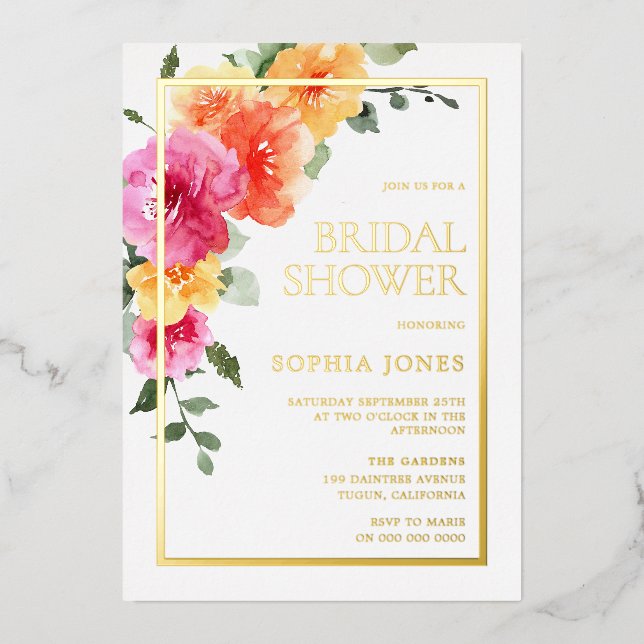 Fett farbiges Brautparty mit floraler Wasserfarbe  Folieneinladung (Vorderseite)