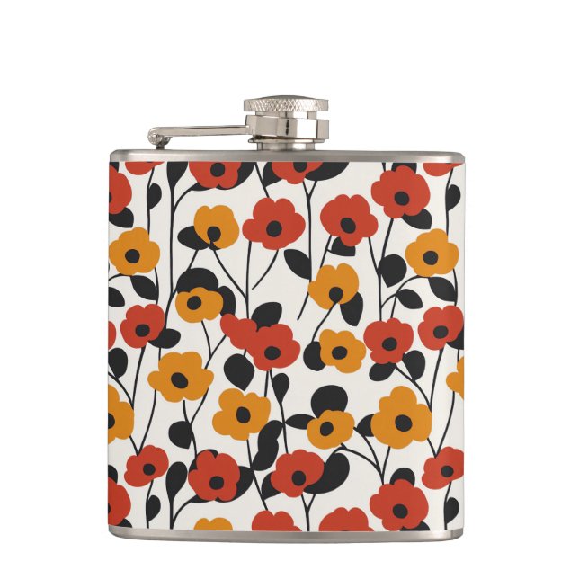 Fett Floral Muster rot, orange und schwarz Flachmann (Vorderseite)