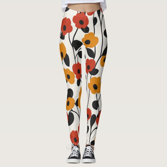 Fett Floral Muster rot, orange und schwarz Leggings (Vorderseite)