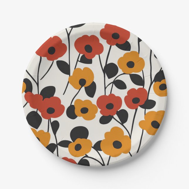 Fett Floral Muster rot, orange und schwarz Pappteller (Vorderseite)