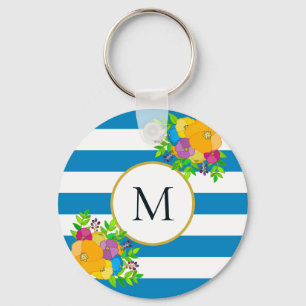 Fett Floral Tropical Blue Streifen Monogramm Schlüsselanhänger