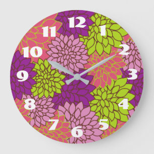 Fett florales Design in Lime Green, Pink, Lila Große Wanduhr