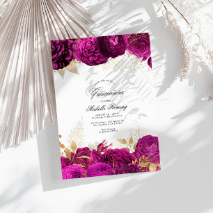 Fett-Foto aus Hot-Pink und Gold-Floral Quinceñera Einladung