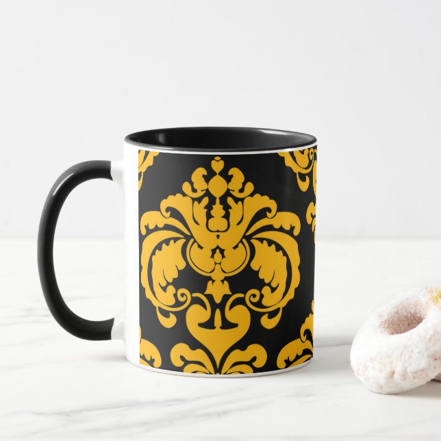 Fett Gelb & Schwarz Elegantes Chic Damask Muster Tasse (Mit Donut)