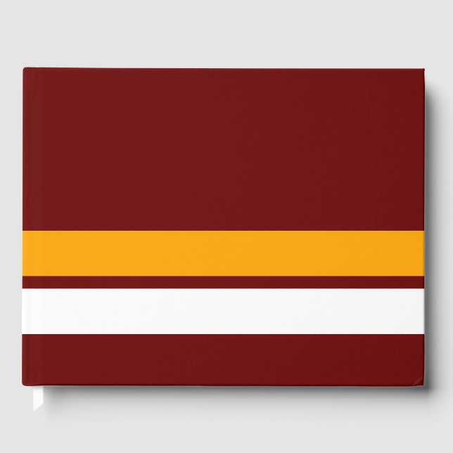 Fett gelbe Streifen mit weißer Kante auf tiefroten Gästebuch (Vorderseite)