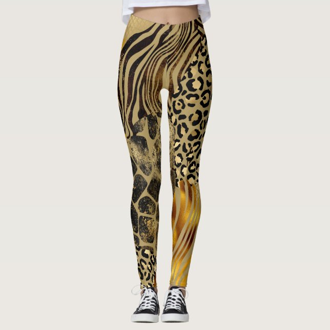 Fett gemischte Tierprägungen Gold-Akzente Leggings (Vorderseite)