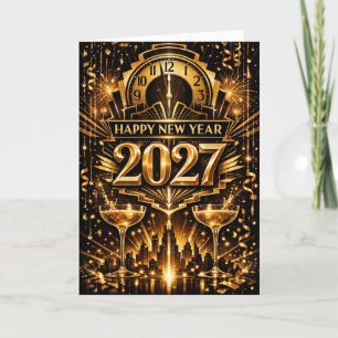 Fett Gold Art Deco Stadt Neujahr 2027 Feiertagskarte