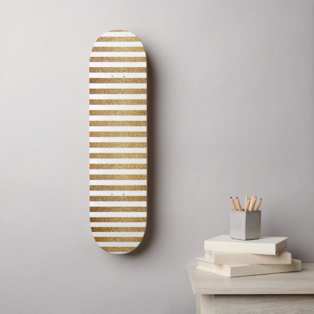 Fett goldener Glitzer und weiße Streifen Skateboard (Wandkunst)