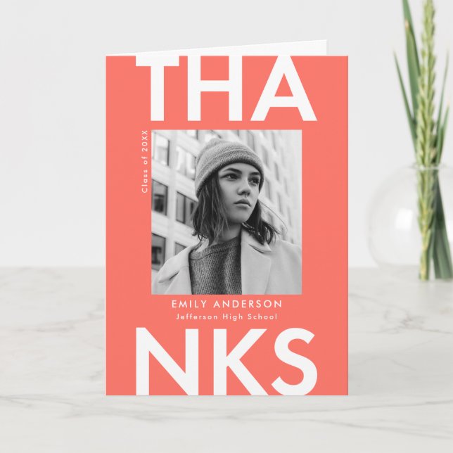 Fett Grad Coral Foto Abschluss Dankeskarte (Vorderseite)