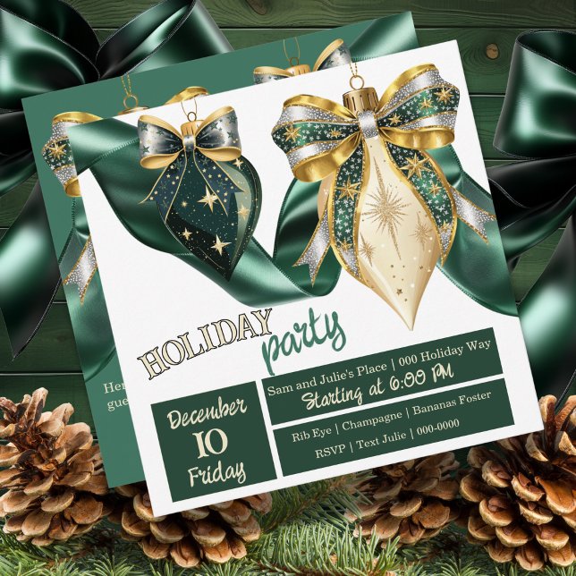 Fett grüne und goldene Ferienbauten mit Ribbon Einladung (Bold Christmas baubles on your holiday party invite in pretty gold and green )