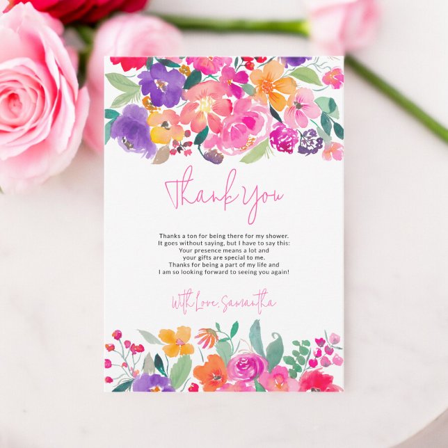 Fett hellrosa, blumenfarbenes Brautparty Dankeskarte (Bold bright pink floral watercolor bridal shower thank you card)