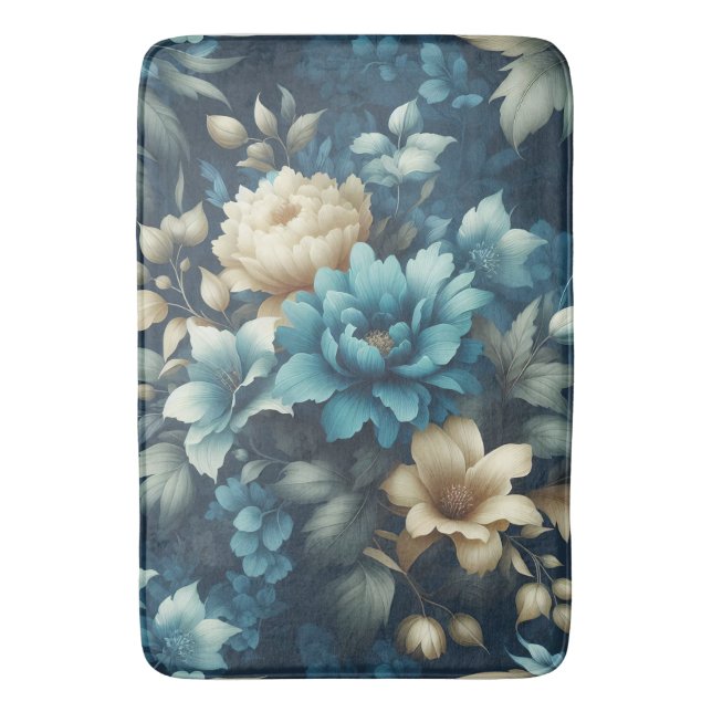 Fett in Blau und zarte Creme Florals Badematte (Vorderseite Vertikal)