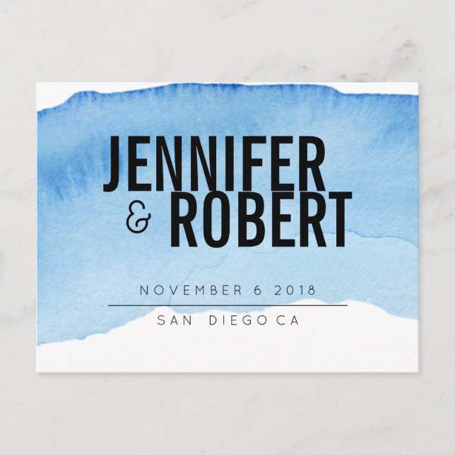 Fett Minimal BLUE Wasserfarbe SAVE THE DATE BLACK Ankündigungspostkarte (Vorderseite)