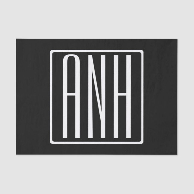 Fett Modern 3 Initialen Monogramm | Schwarz weiß Seidenpapier (Vorderseite)