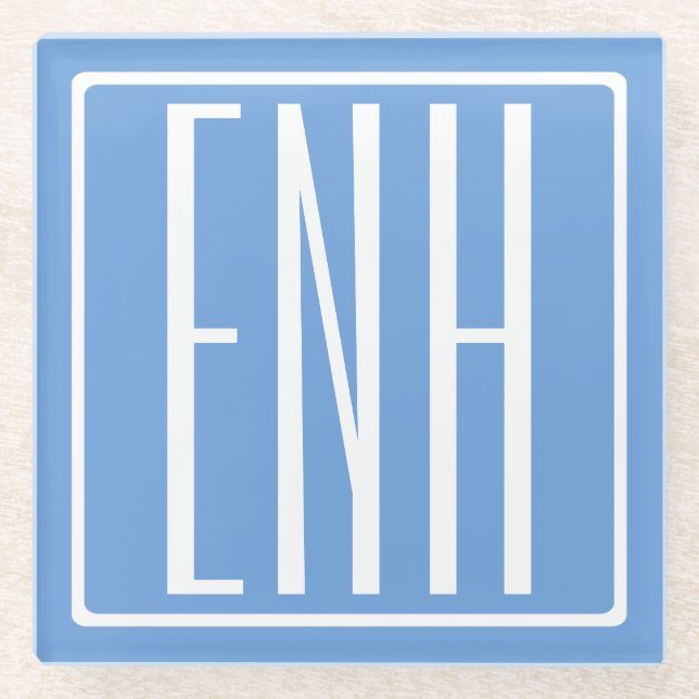 Fett Modern 3 Initialen Monogramm | Soft Blue Glasuntersetzer (Vorderseite)