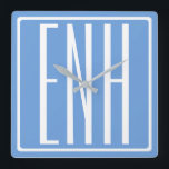 Fett Modern 3 Initialen Monogramm | Soft Blue Quadratische Wanduhr<br><div class="desc">Weißer Text & weißer Rahmen auf Himmelblau (oder wählen Sie Ihre eigene Farbe).</div>