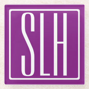 Fett Modern 3 Initialen Monogramm   Weiß und Lila Glasuntersetzer