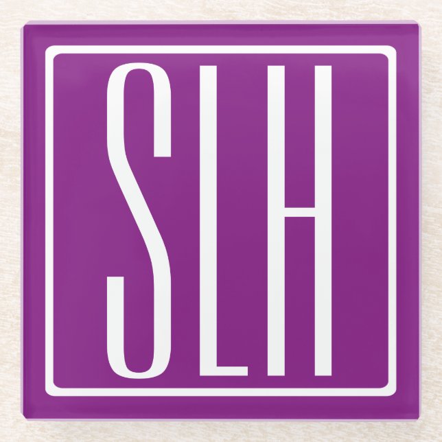 Fett Modern 3 Initialen Monogramm | Weiß und Lila Glasuntersetzer (Vorderseite)