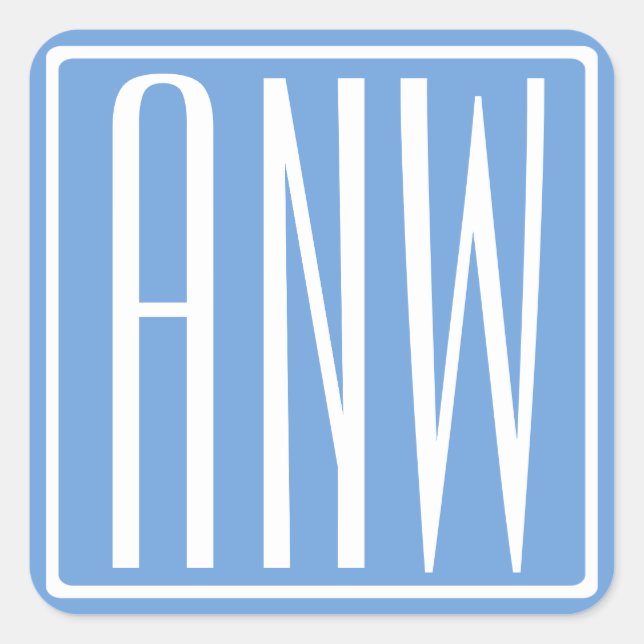 Fett Modern 3 Initialen Monogramm | White & Sky Bl Quadratischer Aufkleber (Vorderseite)