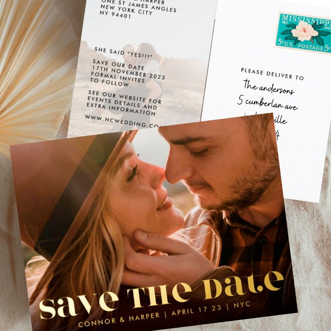 Fett Modern Gold Text Foto Save the Date Postkarte (Von Creator hochgeladen)