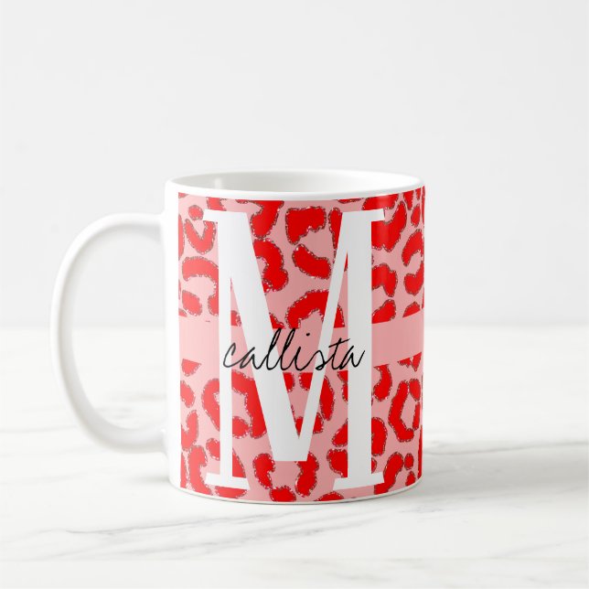 Fett Modern Red Roink Leopard Animal Print Monogra Kaffeetasse (Links)