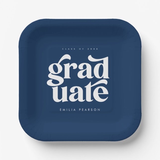 Fett Modern Type Blue Graduation Party Pappteller (Vorderseite)