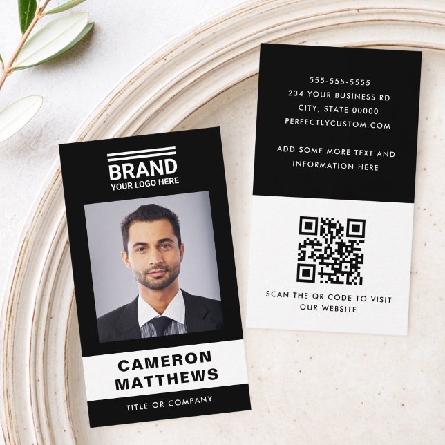 Fett modernes Schwarzweiß-Foto-Logo QR-Code Visitenkarte (Bold modern black and white photo logo QR code Business Card)