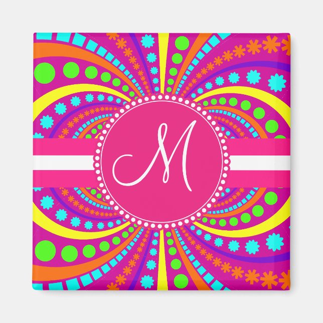 Fett Monogram Funky Muster Hot Pink Design Magnet (Vorne)