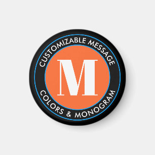 Fett Monogramm & Text   Schwarz Weiß Orange & Blau Magnet