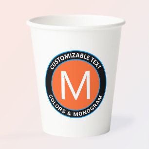 Fett Monogramm und Text   Schwarz-weiß Orange & Bl Pappbecher