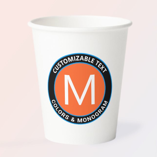 Fett Monogramm und Text | Schwarz-weiß Orange & Bl Pappbecher (Von Creator hochgeladen)