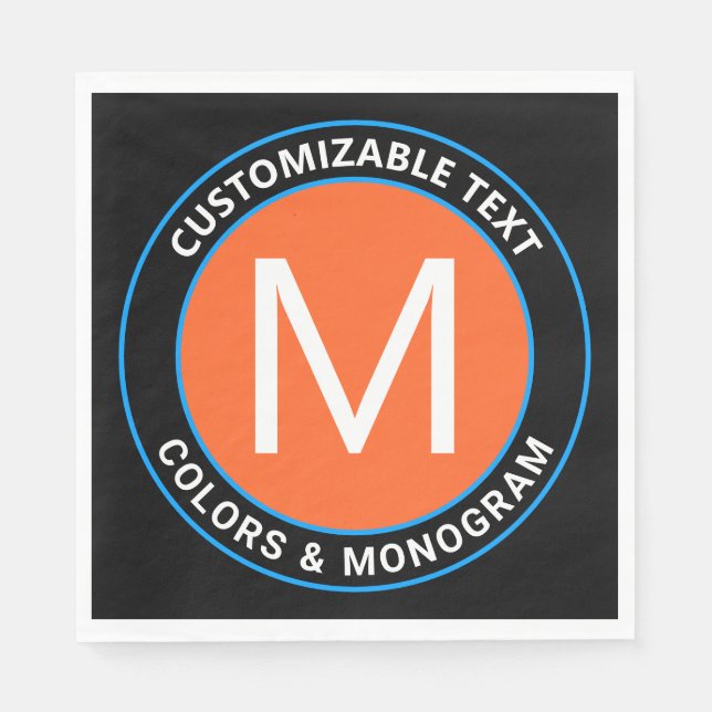 Fett Monogramm und Text | Schwarz-weiß Orange & Bl Serviette (Vorderseite)