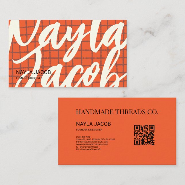 Fett Orange Brown Karo Muster QR Code Handmade Visitenkarte (Vorne/Hinten)