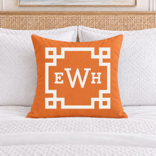 Fett orange griechischer Schlüssel-Monogramm Anfan Kissen
