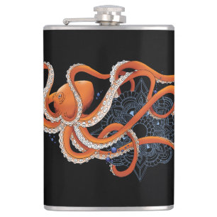 Fett oranges hypnotisierendes Octopus-Mandala  Flachmann