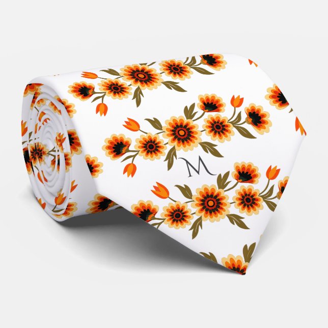 Fett Retro Floral Muster in orange Gelb Schwarz Krawatte (Gerollt)