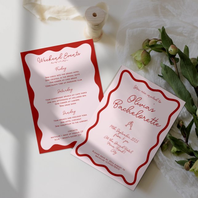 Fett Retro Rosa und Rot | Bachelorette Bash Einladung (Bold retro bachelorette invite in pink & red on a plain background, next to some flowers & ribbons.)