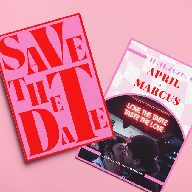 Fett Retro Typografie Rosa rotes, lebendiges FOTO Save The Date (Von Creator hochgeladen)