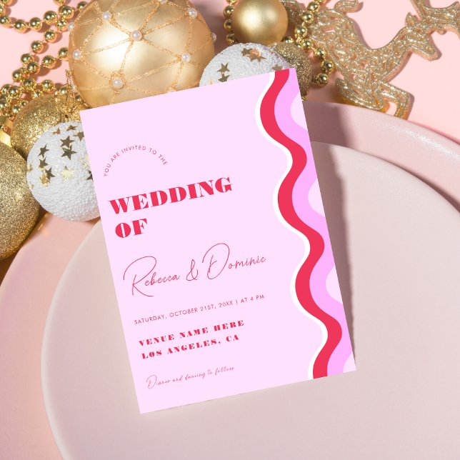 Fett Retro Wave Pink und Red All in One Wedding Einladung (Von Creator hochgeladen)