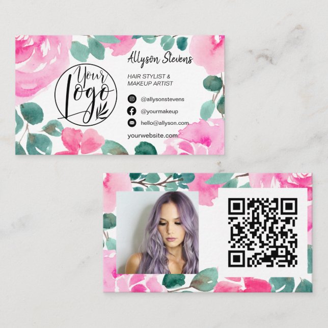 Fett rosa Blumenhaar Make-up Foto Logo qr Visitenkarte (Vorne/Hinten)