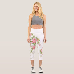Fett rosa Cabbage-Rose auf weißem Hintergrund Capri Leggings